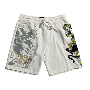 Ed Hardy Fleece Sweat Shorts Mens Medium White Snake Tattoo Dragon Graphic